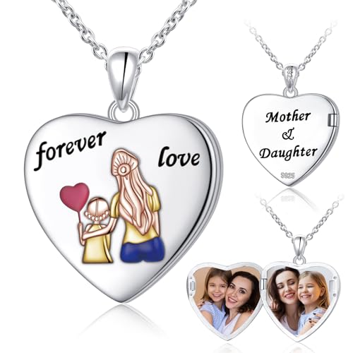 DAOCHONG Heart Locket Necklace Photo Memory Jewelry for Women | Sterling Silver Cremation Pendant | Holds 2 Photos | Keepsake for Women Mom Grandma Daughter | Memorial for Loved Ones & Pets - style: Mother and Daughter Photo Locket
