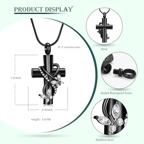 Butterfly Cross Cremation Jewelry Urn Necklaces Stainless Steel Cross Urn Necklaces for Ashes Memorial Keepsake Pendant for Women Gifts With Funnel Kit & Bag - color: Black+White