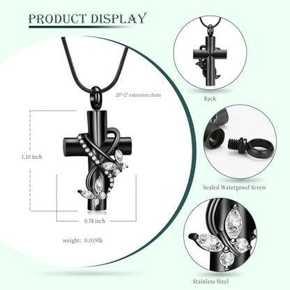Butterfly Cross Cremation Jewelry Urn Necklaces Stainless Steel Cross Urn Necklaces for Ashes Memorial Keepsake Pendant for Women Gifts With Funnel Kit & Bag - color: Black+White