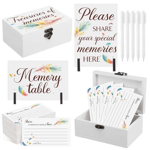 Gilprop 112 Pcs Celebration of Life Memory Cards Set Share a Memory Cards with Box 2 Wood Sign with 4 Hold and 5 Pens, Sympathy Memorial Gifts Funeral Keepsake Decorations(Feather) - style: Feather
