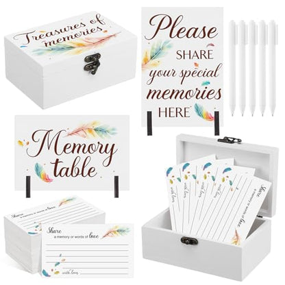 Gilprop 112 Pcs Celebration of Life Memory Cards Set Share a Memory Cards with Box 2 Wood Sign with 4 Hold and 5 Pens, Sympathy Memorial Gifts Funeral Keepsake Decorations(Feather) - style: Feather