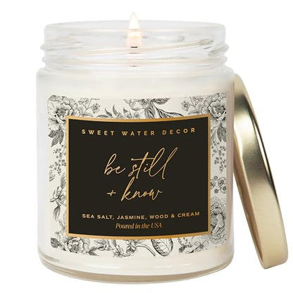 Sweet Water Decor Be Still and Know Candle, Sea Salt, Jasmine Cream, and Wood Scented Soy Wax Candle for Home, Christian Gift for Women, 9oz Clear Jar, 40 Hour Burn Time, Made in the USA - style: Be Still and Know - Black Label