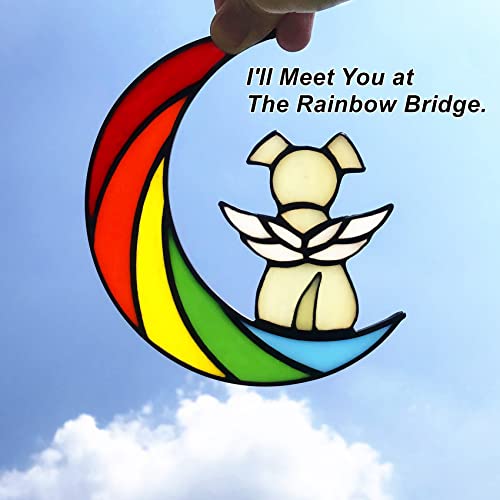 Stained Glass Rainbow Bridge Dog Memorial Gifts for Loss of Dog Sympathy Remembrance Suncatcher, Angel Wings Pet Loss Bereavement Gifts in Memory of Pet Passing Away Window Hanging. - color: Rainbow - a