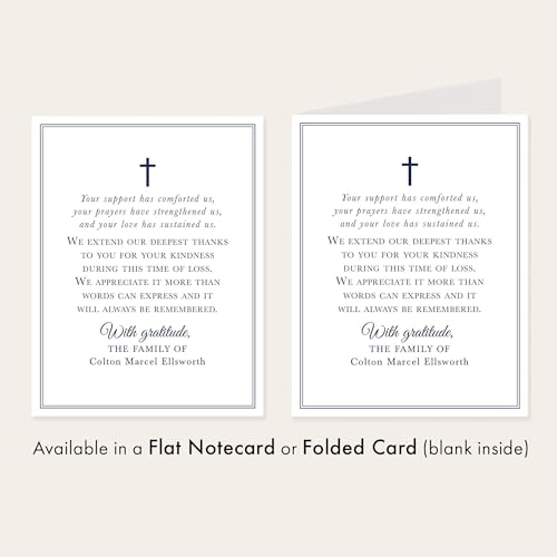 Navy Blue Funeral Thank You Cards with Cross | Personalized, 4.25x5.5, Sympathy Acknowledgement Cards, With Envelopes, Folded Card