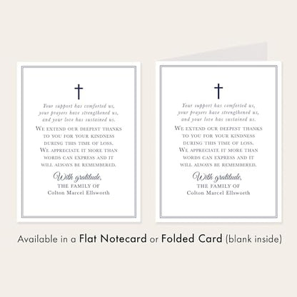 Navy Blue Funeral Thank You Cards with Cross | Personalized, 4.25x5.5, Sympathy Acknowledgement Cards, With Envelopes, Folded Card