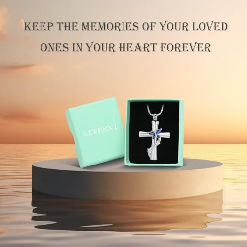 Butterfly Cross Urn Necklace for Ashes Birthstone Cremation Jewelry for Men Women Ashes Pendant Keepsake Memorial Ash Jewelry - color: Silver-Blue