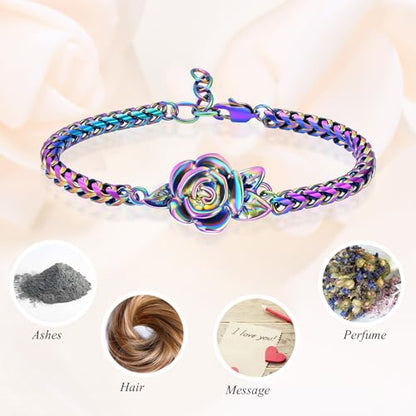 Minicremation Women's Adjustable Rose Urn Bracelet Ashes Holder Memorial Elegant Link Chain Keepsake Cremation Bangle to Hold Ashes - color: Customize