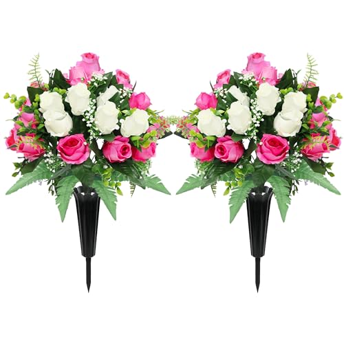 2 Sets Artificial Cemetery Flowers for Grave,Realistic Grave Flowers for Cemetery,Silk Rose with Vase for Headstone Tombstone Decoration Easy fit (Pink White) - color: Pink White