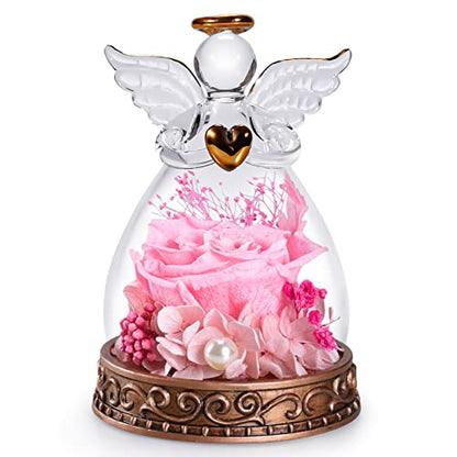 Preserved Real Rose in Glass Angel Figurine with LED Light, Angel Gifts for Women, Mom, Grandma on Mother's Day Christmas Birthday (Pink) - color: Pink