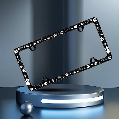 Dog Cat Paw License Plate Frame Pet License Plate Frames with Screws | Personalise Stainless Steel Funny Design Compatible With Standard License Plate Holder For Usa And Canada 6 X 12 Inch - color: Dog Cat Paw
