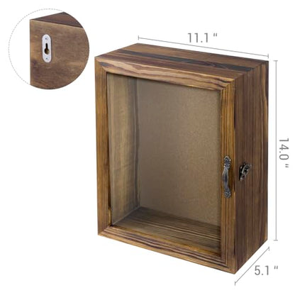 MyGift 11x14 Deep Shadow Box Frame with Cork Board Backing and Acrylic Paneled Cursive Hinged Door, Rustic Burnt Wood Wall Mounted Shadow Box Display Case Cabinet | Cursive Hinged Acrylic Door, Cork Backing, Deep Display Space, Burnt Wood Finish, Keepsake