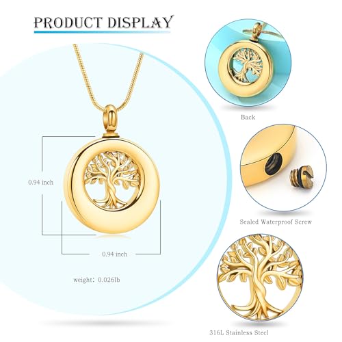 Hearbeingt Tree of Life Urn Necklaces for Ashes Circle Cremation Jewelry - color: A-Gold
