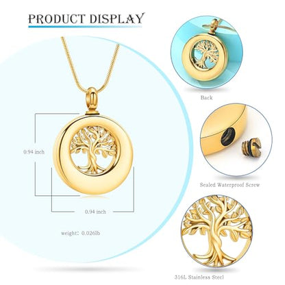 Hearbeingt Tree of Life Urn Necklaces for Ashes Circle Cremation Jewelry - color: A-Gold