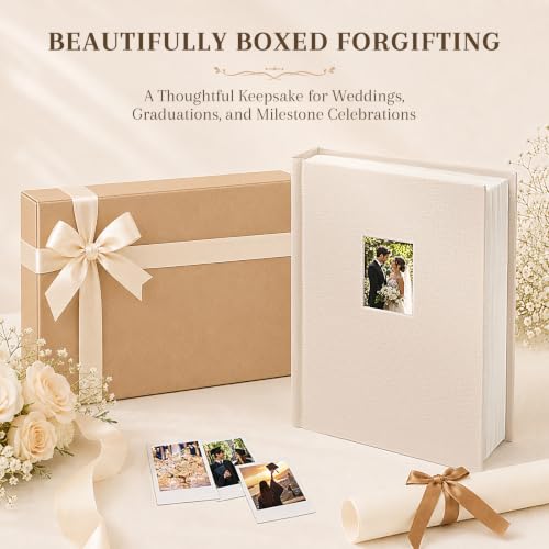 Ruibytree 128 Pockets Instax Mini Photo Album for 2x3 Pictures, Beige | Writing Space, Premium Linen Hardcover, Flat-Fit Pockets, Wedding Guest Book for Polaroid 2x3 Photos, Graduation Keepsakes - color: Beige