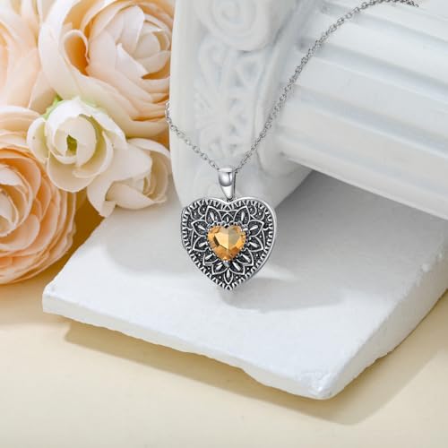 Heart Photo Locket Necklace 925 Sterling Silver Birthstone Gemstone That Holds 2 Pictures Locket Necklace Jewelry Gifts for Mother Women Mom Mother's Day Christmas Birthday - style: 11-Nov-Citrine