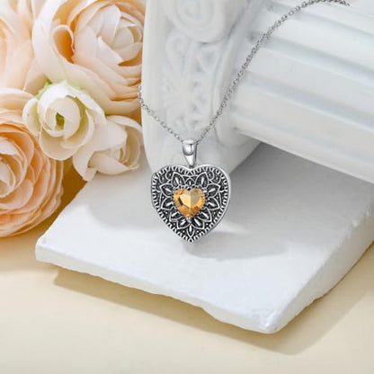 Heart Photo Locket Necklace 925 Sterling Silver Birthstone Gemstone That Holds 2 Pictures Locket Necklace Jewelry Gifts for Mother Women Mom Mother's Day Christmas Birthday - style: 11-Nov-Citrine