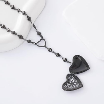 Personalized Heart Locket Necklace for Women Stainless Steel- Heart Necklace - color: Black-J