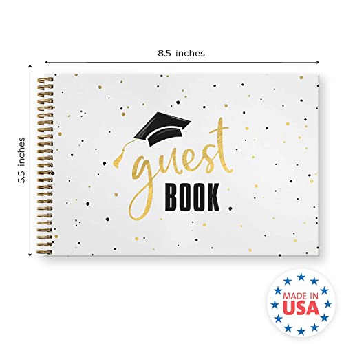 Hardcover Black Faux Gold Graduation Guestbook / 120 Lined Guest Signature Pages Inside / 5.5" x 8.5" Landscape Lay Flat Gold Metal Spiral Binding Gender Neutral Grad Party Décor