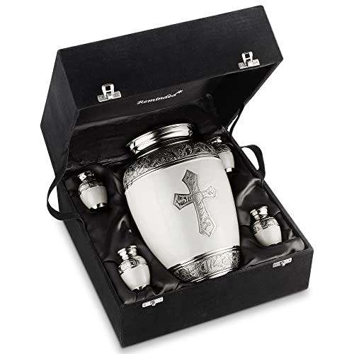 Reminded Set of 5 Engraved Cross Cremation Urns for Human Ashes - 1 Brass Adult + 4 Keepsake Token Size, White - color: White