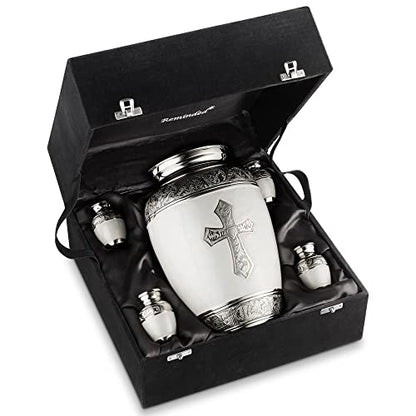 Reminded Set of 5 Engraved Cross Cremation Urns for Human Ashes - 1 Brass Adult + 4 Keepsake Token Size, White - color: White