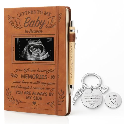 Letter to My Baby in Heaven Leather Grief Journal, Sympathy Gifts for Loss Of Baby, Angel Baby Memorial Gift -Leather A5 Notebook and Angel Pocket Hug Keychain, Loss of Child Travel Photo Diary - color: Baby