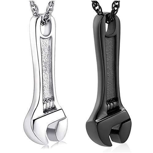 shajwo Wrench Urn Necklace for Ashes for Women Men Human Ashes Stainless Steel Hammer Cremation Jewelry for Ashes Pendant - color: 2PCS Silver/Black