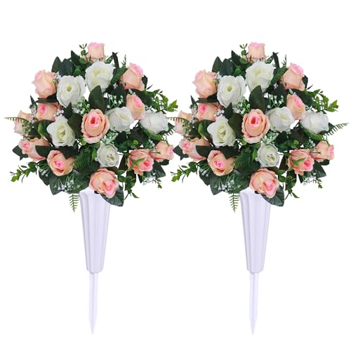 Set of 2 Artificial Cemetery Flowers with Vase,Grave Memorial Flowers,Artificial Rose Bouquet Decoration for Cemetery Headstones Gravesites (White Champagne, 2 Bouquets) - color: White Champagne