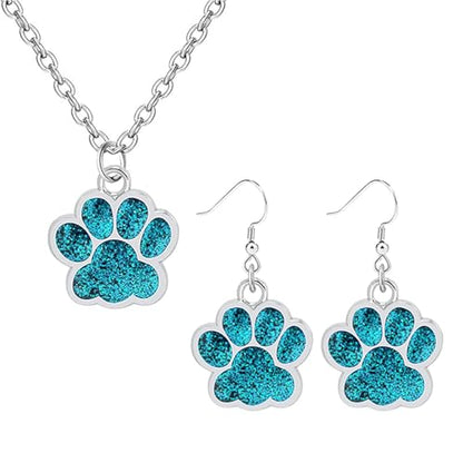 Dreuyet Paw Necklace and Earrings Set for Women Glitter Cute Dog Cat Pet Paw Print Pendant Necklace Earrings Lovely Animal Charm Jewelry Set Gifts - color: Silver Light Blue