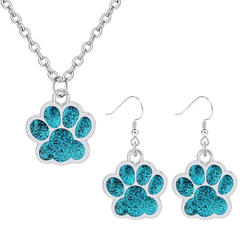 Dreuyet Paw Necklace and Earrings Set for Women Glitter Cute Dog Cat Pet Paw Print Pendant Necklace Earrings Lovely Animal Charm Jewelry Set Gifts - color: Silver Light Blue
