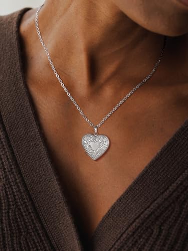 FindChic Locket Necklace for Women Custom Photo Memorial Gifts Multi-Shaped | Silver/Black/Rose Gold/Gold Plated Personalized Gifts for Loved Ones, Birthday Valentine's Day Keepsake - color: Silver-Heart to Heart