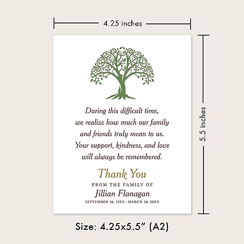 Green Tree Funeral Bereavement Thank You Cards | Memorial Sympathy Thank You Notes, 4.25x5.5", Personalized Note Cards, With Envelopes