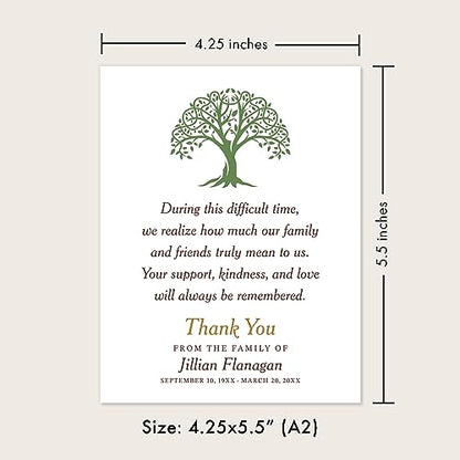 Green Tree Funeral Bereavement Thank You Cards | Memorial Sympathy Thank You Notes, 4.25x5.5", Personalized Note Cards, With Envelopes
