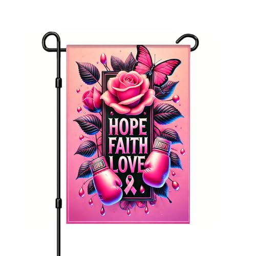 Breast Cancer Garden Flag 12x18 in Hope Faith Love Yard Decor | Breast cancer garden flag with pink ribbon boxing gloves rose and butterfly design for yard lawn porch garden decor - color: Colorful Flag#03