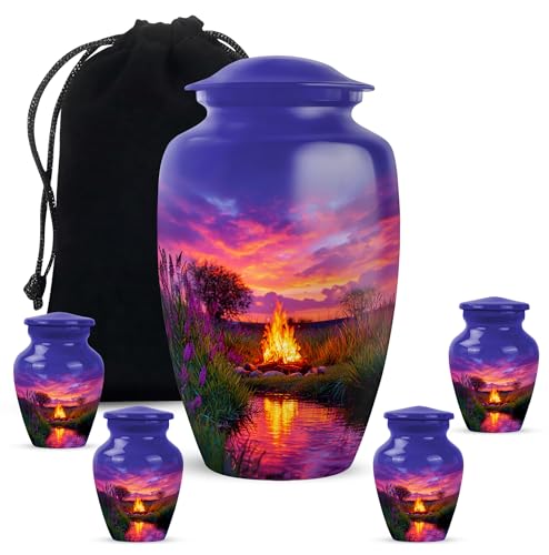 Campfire Adult Cremation Funeral Urn for Human Ashes, Keepsake Memorial Gift, Beautiful Handcrafted Small Urns for Ash, Combo, 1 Large 10 Inch & 2 Mini 3 Inch - color: Campfire 2, size: 10"+3"Combo-3