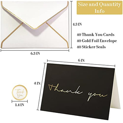 40 Thank You Cards, Black and Gold Foil Thank You Cards Bulk, All Occasions Thank You Note Card with Envelopes & Stickers, Wrapped with Sturdy Box, Great for Wedding, Baby Shower, Bridal Shower, Etc -