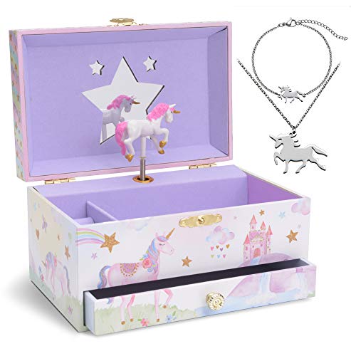 Jewelkeeper Jewelry Box for Girls with Drawer - Spinning Unicorn Doll to The Beautiful Dreamer Tune Music Box - Little Girls' Jewelry Set Includes Unicorn Bracelet and Necklace - 5Dx7Wx4H Inches