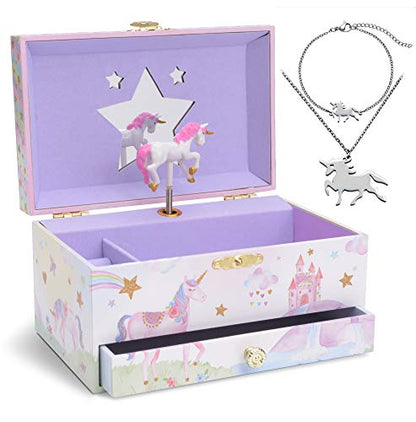 Jewelkeeper Jewelry Box for Girls with Drawer - Spinning Unicorn Doll to The Beautiful Dreamer Tune Music Box - Little Girls' Jewelry Set Includes Unicorn Bracelet and Necklace - 5Dx7Wx4H Inches