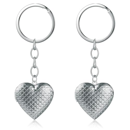 2PCS Elegant Heart Locket Keychain with Decorative Chain Stainless steel, Heart Pattern Design, Photo Frame Pendant - color: Heart-6