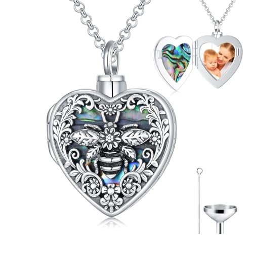 Personalized Heart Urn Locket Necklace for Ashes and Pictures 925 Sterling Silver Customized Locket Cremation Necklace for Ashes Memorial Keepsake Jewelry for Women - color: Abalone Bee Urn Locket, style: No Custom