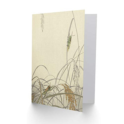 Artery8 Ohara Koson Grasshoppers On Rice Plants Painting Fine Art Greeting Card Plus Envelope Blank Inside - color: Grasshoppers