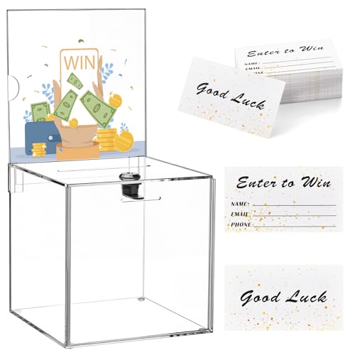 Teling 101 Pcs Tall Acrylic Donation Box with Lock and Sign Plate 6 x 6 x 6 Inches Safe Suggestion Box with Raffle Tickets Cards for Raffle, Money, Voting, Charity, Suggestion (Clear) - color: Clear, size: 6 x 6 x 6 Inch
