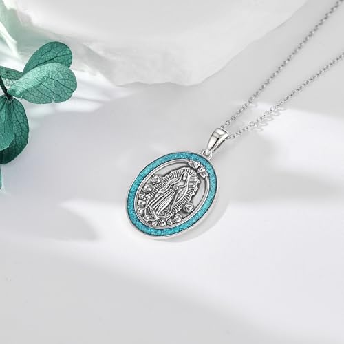 YAFEINI Virgen De Guadalupe Necklace 925 Sterling Silver Mother Mary Necklace Virgencita Jewelry Thanksgiving Day Gifts for Women - style: Turquoise2