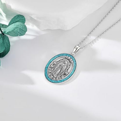 YAFEINI Virgen De Guadalupe Necklace 925 Sterling Silver Mother Mary Necklace Virgencita Jewelry Thanksgiving Day Gifts for Women - style: Turquoise2
