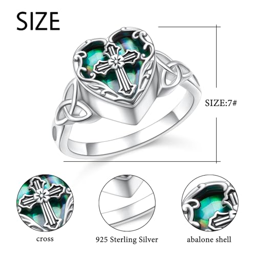 925 Sterling Silver Keepsake Cremation Urn Rings for Ashes | Sunflower Cross Celtic Knot Heart Abalone Shell Moonstone Ring Memorial Jewelry Gift for Christmas Anniversary Birthday - color: Cross celtic knot