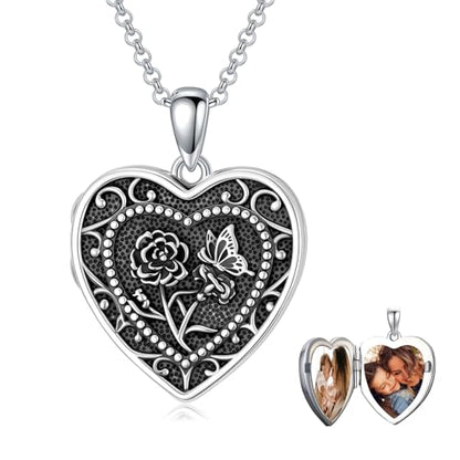 PELOVNY Birth Flower Locket Necklace for Women 925 Sterling Silver Flower Butterfly Heart Photo Locket Pendant Birthday Christmas Jewelry Gifts for Mom Daughter Wife Sister - color: 01-Carnation