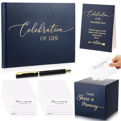 Engrowtic 64 Pcs Guest Book Set Funeral Guest Book Memorial Service, Blue - color: Blue