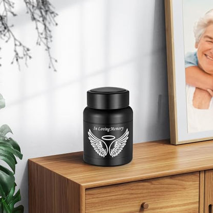 SOITIS Cremation Urn - 3.74 Inch Small Urn for Human Ashes - Elegant Black Aluminum Memorial Keepsake with White Wings Design - Funeral Keepsake for Ashes, Memorial Keepsake Holder - size: Medium