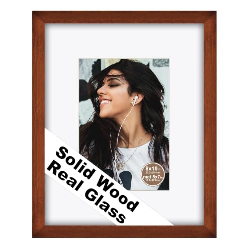 RPJC 8x10 Solid Wood Picture Frame Real Glass Cover Brown - color: Brown, size: 8x10 mat 5x7
