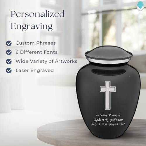 Adult Personalized Simple Cross Cremation Urns for Human Ashes I Large Charcoal Funeral Urn for Men and Women I 200 lbs - color: Carcoal Black