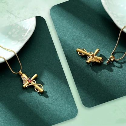 Butterfly Cross Cremation Jewelry Urn Necklaces Cross Butterfly Urn Necklaces for Ashes Memorial Keepsake Pendant for Women Men Gifts With Funnel Kit & Bag - color: Gold+Red